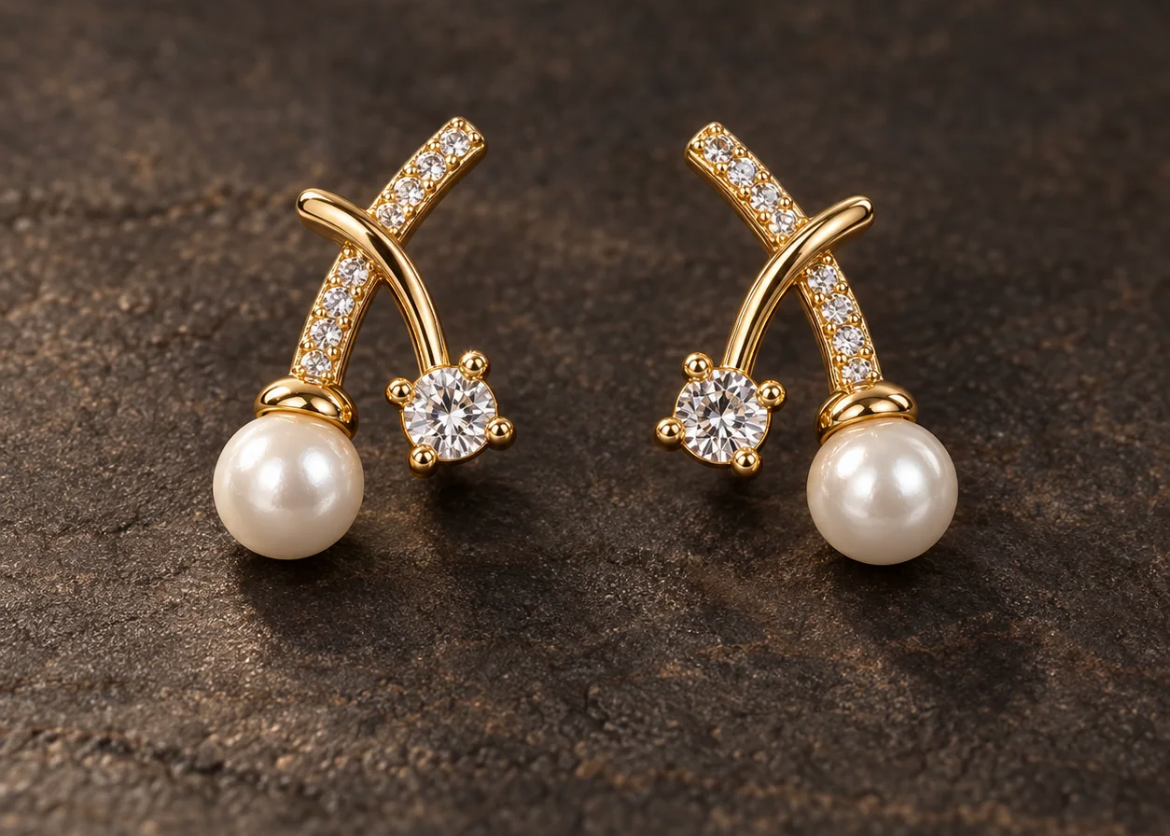 Crossed Crystal Pearl stud